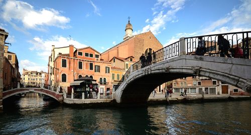 Bridge over river with buildings in background