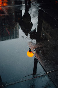 Reflection of illuminated lamp post in puddle