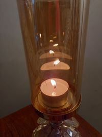 Close-up of illuminated candles on table