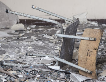 Close-up of broken metallic structure on field