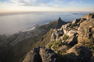 Scenic view of sea and mountains against sky