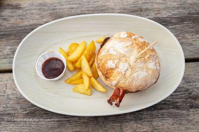 High angle view of food in plate on table