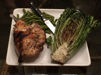 High angle view of food in plate on table