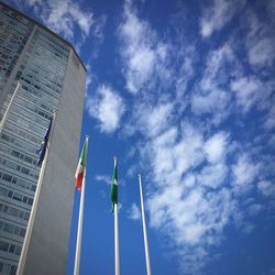 Low angle view of modern building against cloudy sky