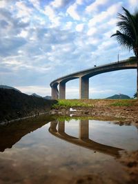 Arch bridge over river against sky