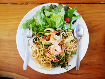 High angle view of salad in bowl on table