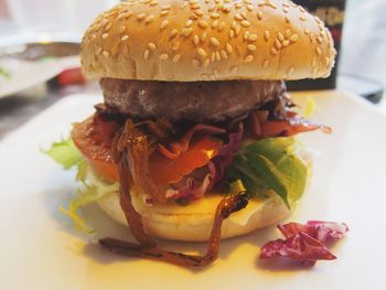 Close-up of burger in plate