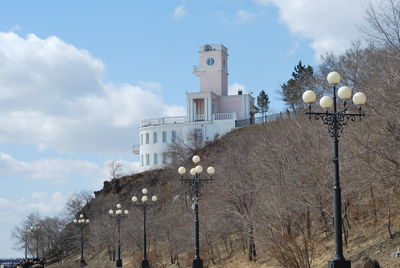 Low angle view of building against sky during winter