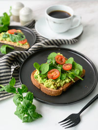 High angle view of breakfast served on table