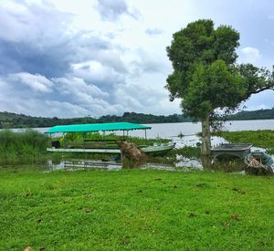 Scenic view of field by lake against sky