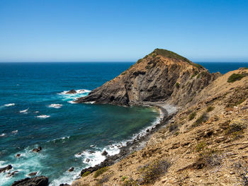 Scenic view of sea against clear blue sky