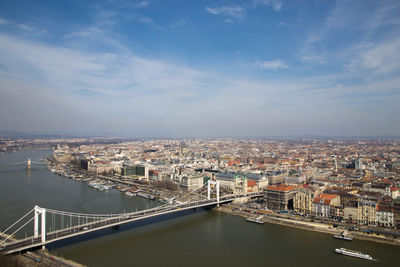 High angle view of river amidst buildings in city against sky