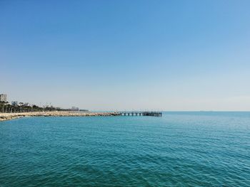 Scenic view of sea against clear blue sky