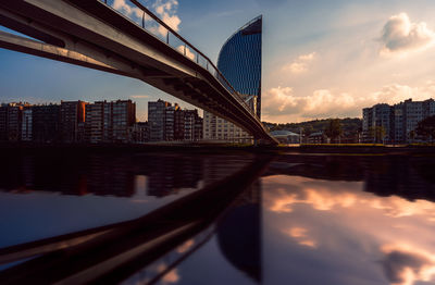 Bridge over river with buildings in background