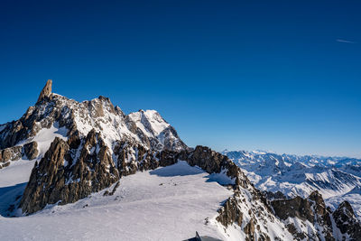 Scenic view of snowcapped mountains against clear blue sky