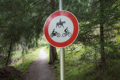 Road sign by trees in forest