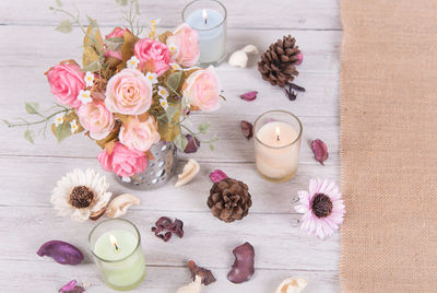 High angle view of pink flowers on table