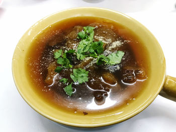 High angle view of soup in bowl on table