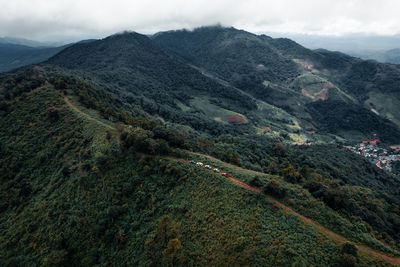 High angle view of mountain range against sky