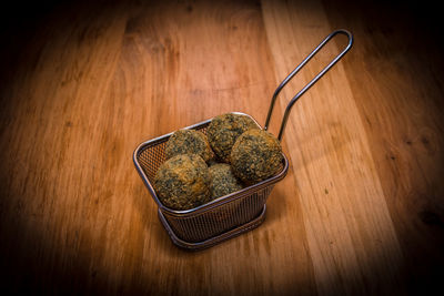 High angle view of bread in bowl on table