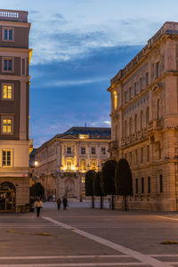 People walking on street in city at dusk