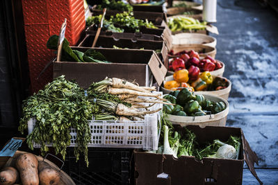 High angle view of vegetables for sale at market stall