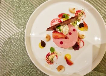 High angle view of dessert in plate on table