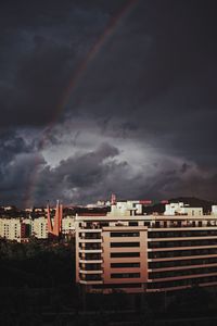 View of residential buildings against cloudy sky