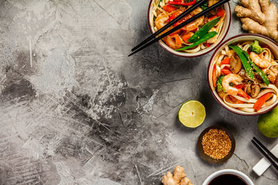 Directly above shot of food served in bowls