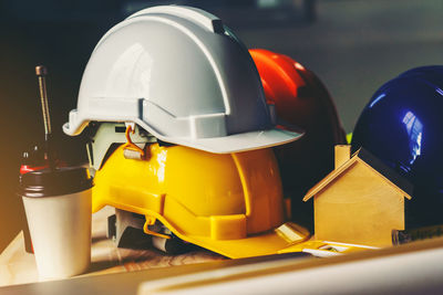 Close-up of yellow car on table