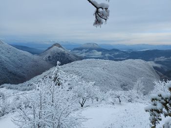 Scenic view of snow covered mountains against sky