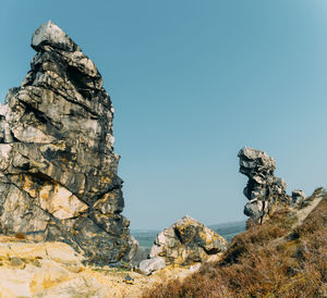 Rock formations against clear blue sky