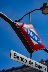Low angle view of road sign against sky