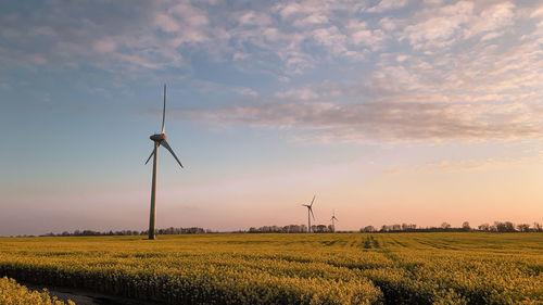 Windmill on field against sky during sunset