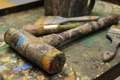 Close-up of old paint tools