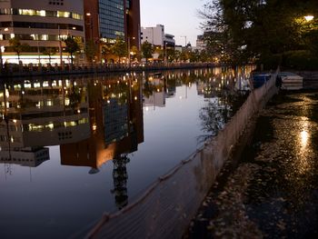 Reflection of building in puddle on lake