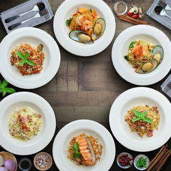 High angle view of food served on table