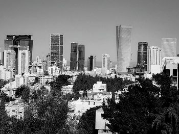 High angle view of skyscrapers in city