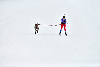 People skiing on snow covered land