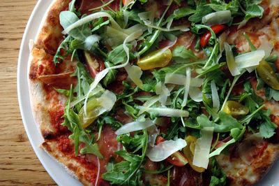 High angle view of pizza on table