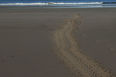 High angle view of footprints on beach