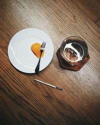 High angle view of food and drink on table