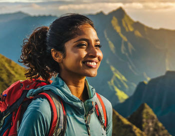 A lone hiker standing triumphantly on the summit of a mountain