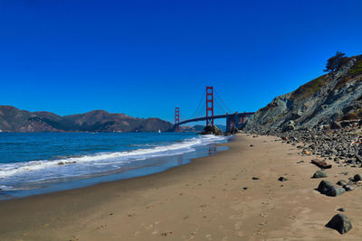 Scenic view of sea against clear blue sky