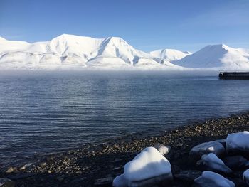 Scenic view of lake and snowcapped mountains against sky