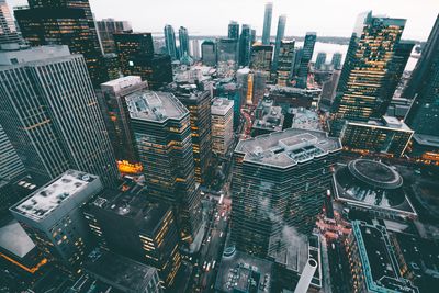 High angle view of modern buildings in city