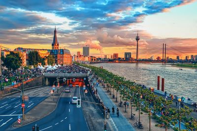 High angle view of city at sunset