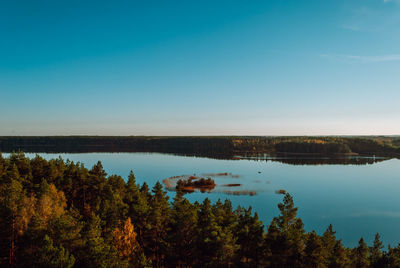 Top view of island on lake baltieji lakajai in labanoras regional park, lithuania against blue sky