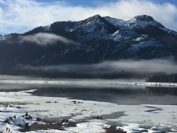 Scenic view of lake by snowcapped mountains against sky
