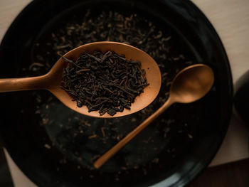 High angle view of bread in bowl on table